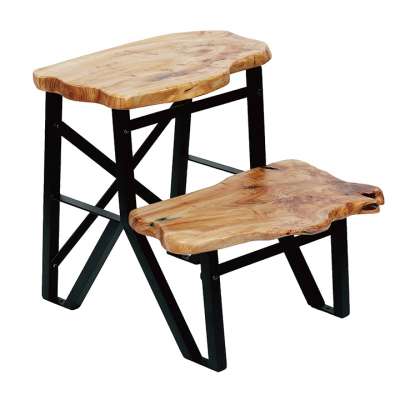 Ivan 2 tier Cedar Ladder Stool with Metal, Natural Wood Carved with peace and joyfulness