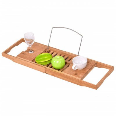 bamboo bathtub caddy with wine glass holder and reading rack