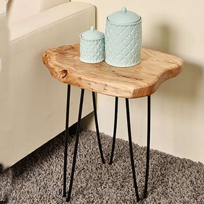 Chami Small Cedar Table Top with Metal Legs, Natural Appearance Handicraft Wood Side Table with Black Legs